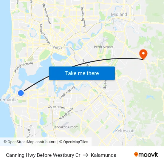 Canning Hwy Before Westbury Cr to Kalamunda map