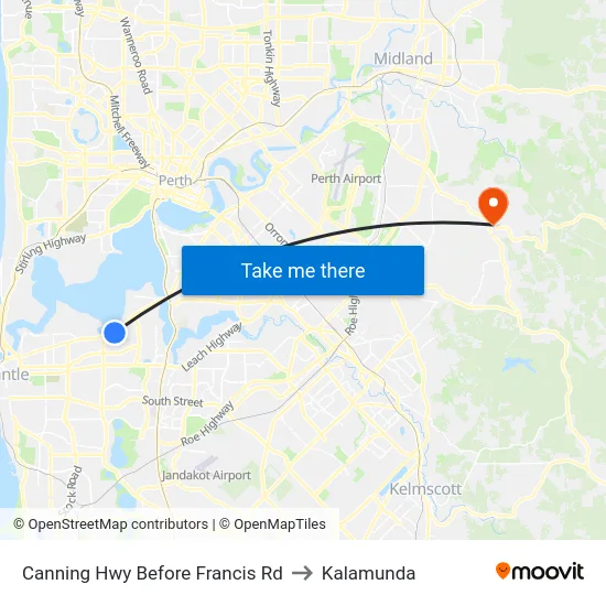 Canning Hwy Before Francis Rd to Kalamunda map
