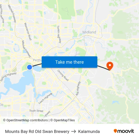 Mounts Bay Rd Old Swan Brewery to Kalamunda map