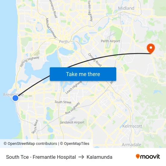 South Tce - Fremantle Hospital to Kalamunda map