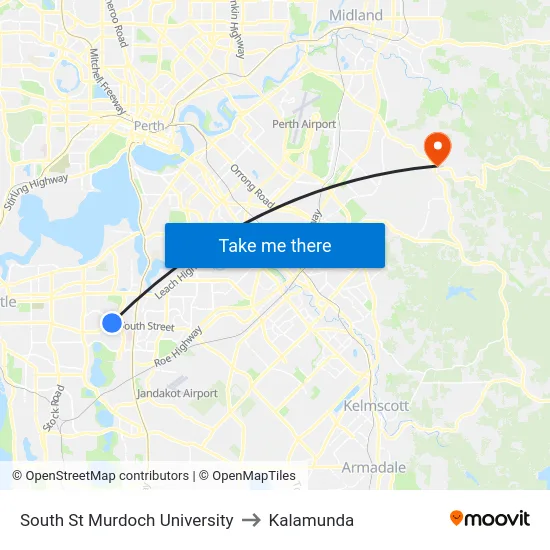 South St Murdoch University to Kalamunda map