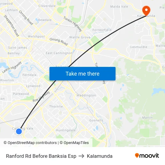 Ranford Rd Before Banksia Esp to Kalamunda map