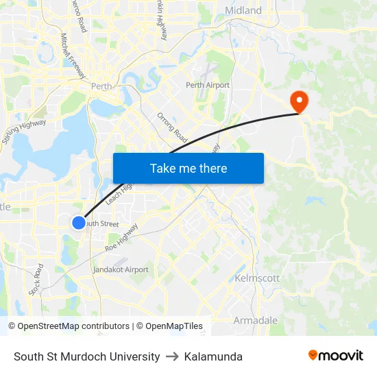 South St Murdoch University to Kalamunda map