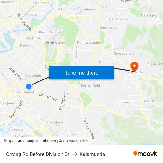 Orrong Rd Before Division St to Kalamunda map