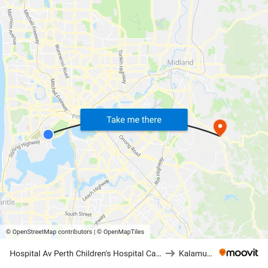 Hospital Av Perth Children's Hospital Cat Id 132 to Kalamunda map