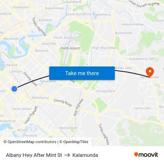 Albany Hwy After Mint St to Kalamunda map