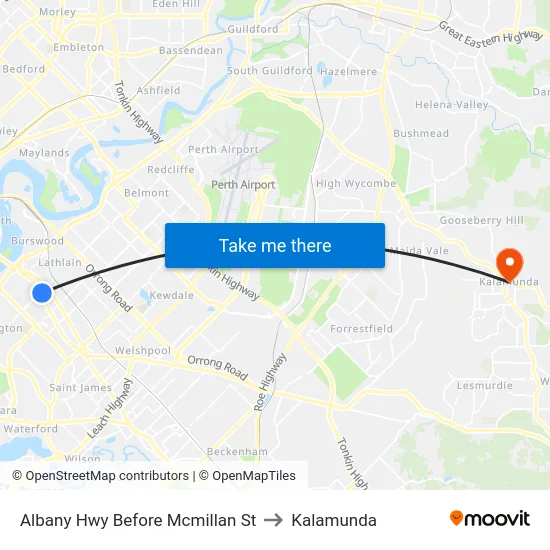 Albany Hwy Before Mcmillan St to Kalamunda map