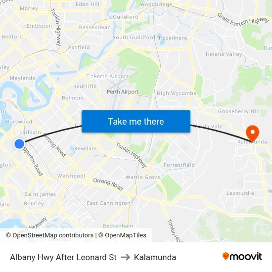Albany Hwy After Leonard St to Kalamunda map