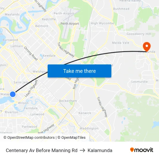 Centenary Av Before Manning Rd to Kalamunda map
