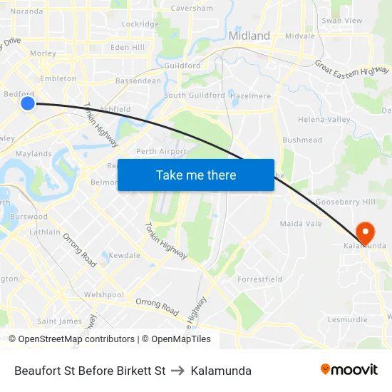 Beaufort St Before Birkett St to Kalamunda map