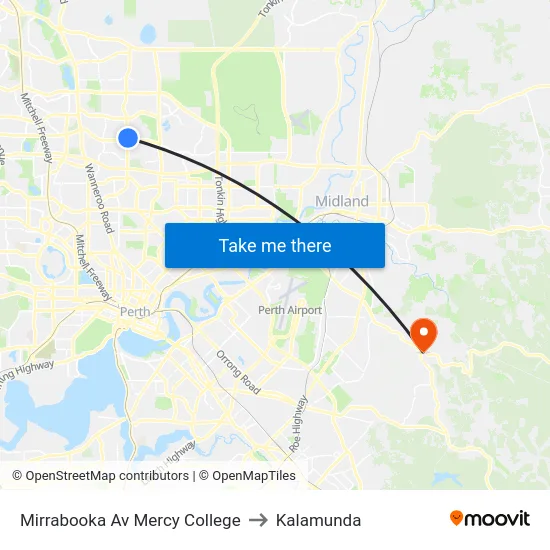 Mirrabooka Av Mercy College to Kalamunda map