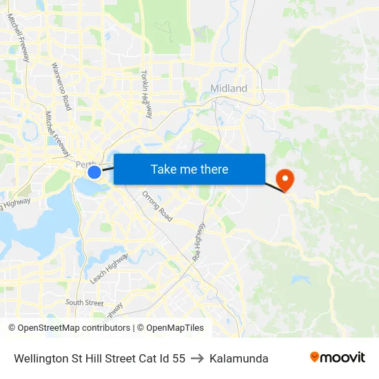 Wellington St Hill Street Cat Id 55 to Kalamunda map