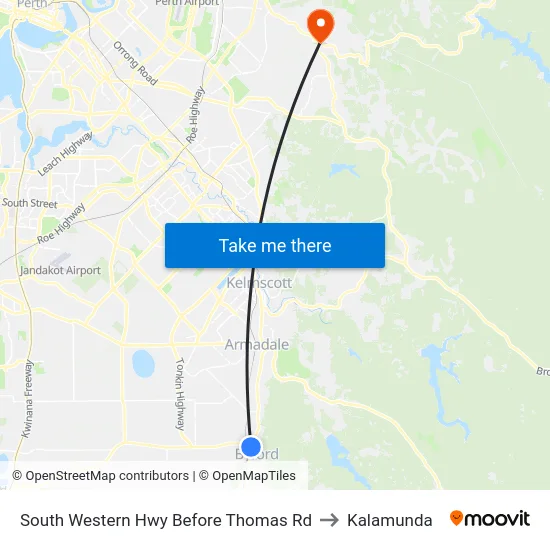 South Western Hwy Before Thomas Rd to Kalamunda map