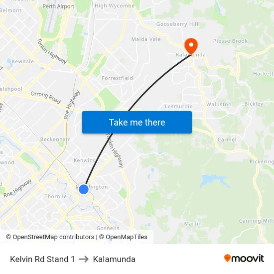 Kelvin Rd Stand 1 to Kalamunda map