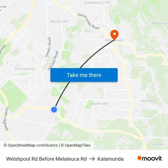 Welshpool Rd Before Melaleuca Rd to Kalamunda map