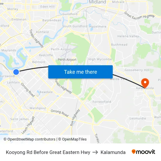 Kooyong Rd Before Great Eastern Hwy to Kalamunda map