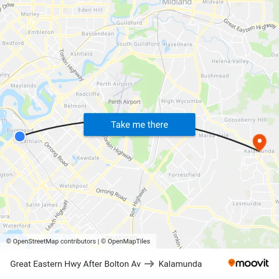 Great Eastern Hwy After Bolton Av to Kalamunda map