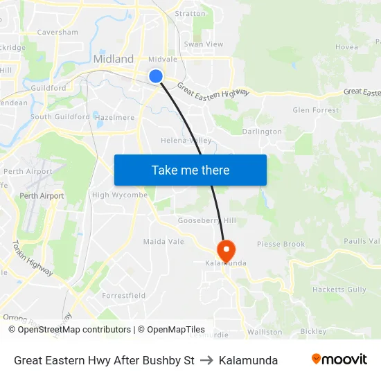 Great Eastern Hwy After Bushby St to Kalamunda map