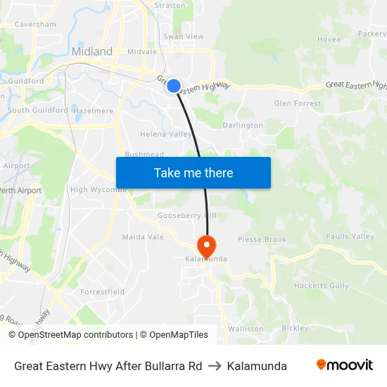 Great Eastern Hwy After Bullarra Rd to Kalamunda map