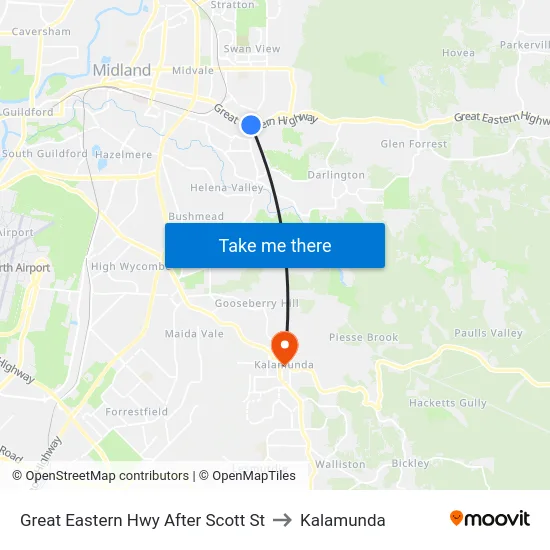 Great Eastern Hwy After Scott St to Kalamunda map