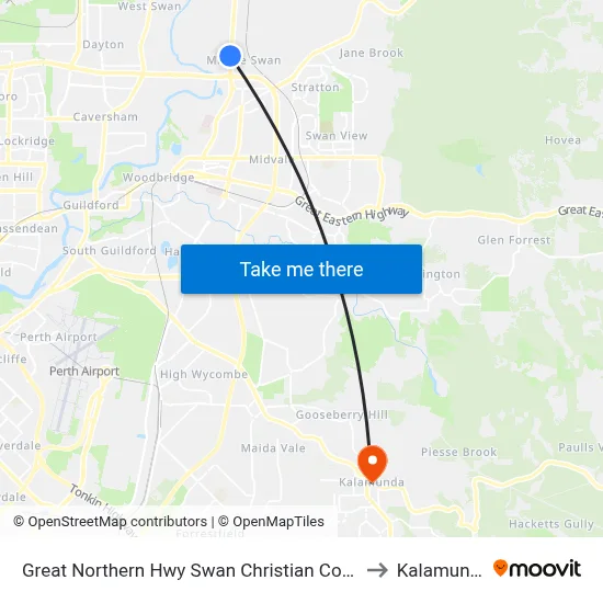 Great Northern Hwy Swan Christian College to Kalamunda map