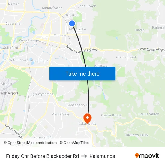 Friday Cnr Before Blackadder Rd to Kalamunda map