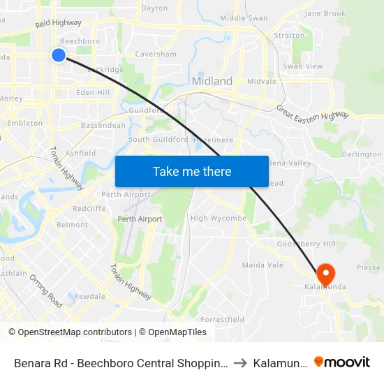 Benara Rd - Beechboro Central Shopping Ctr to Kalamunda map