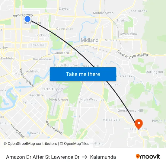 Amazon Dr After St Lawrence Dr to Kalamunda map