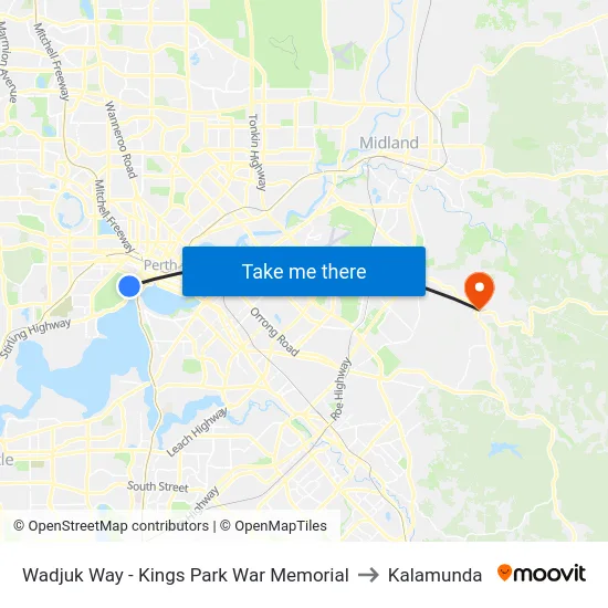 Wadjuk Way - Kings Park War Memorial to Kalamunda map