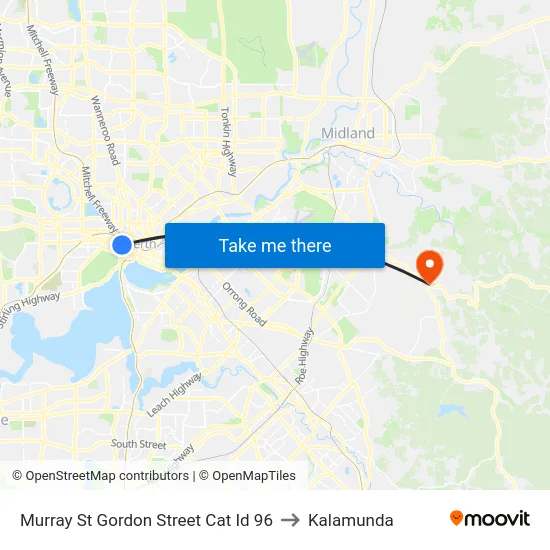 Murray St Gordon Street Cat Id 96 to Kalamunda map