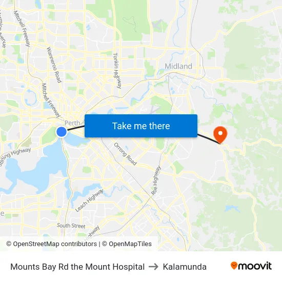 Mounts Bay Rd the Mount Hospital to Kalamunda map