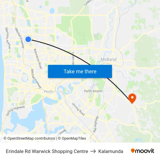Erindale Rd Warwick Shopping Centre to Kalamunda map