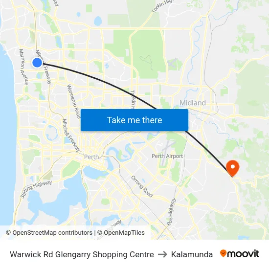 Warwick Rd Glengarry Shopping Centre to Kalamunda map