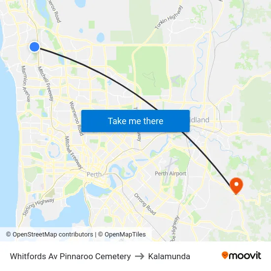 Whitfords Av Pinnaroo Cemetery to Kalamunda map