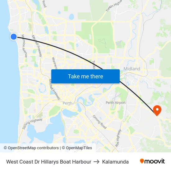 West Coast Dr Hillarys Boat Harbour to Kalamunda map