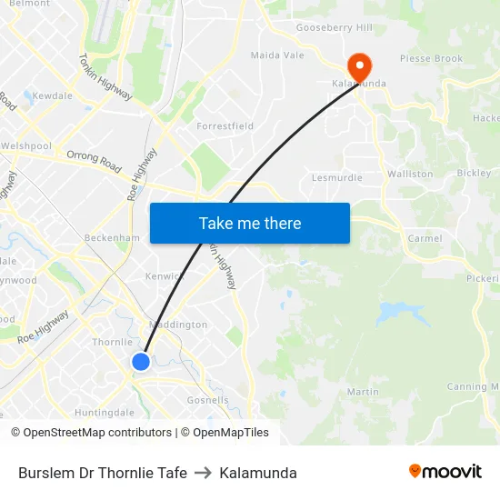 Burslem Dr Thornlie Tafe to Kalamunda map