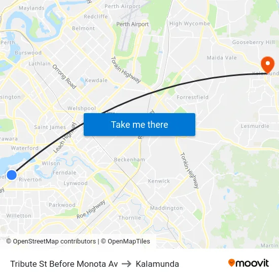 Tribute St Before Monota Av to Kalamunda map