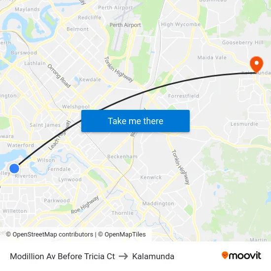 Modillion Av Before Tricia Ct to Kalamunda map