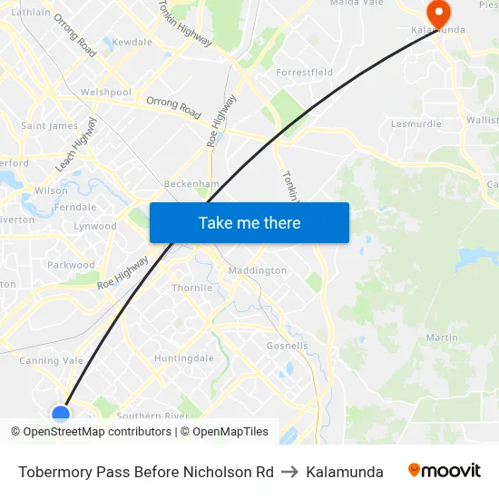 Tobermory Pass Before Nicholson Rd to Kalamunda map