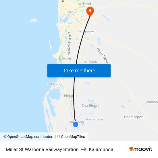 Millar St Waroona Railway Station to Kalamunda map