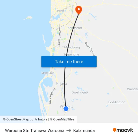 Waroona Stn Transwa Waroona to Kalamunda map