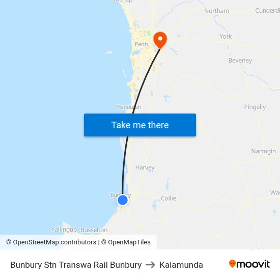 Bunbury Stn Transwa Rail Bunbury to Kalamunda map
