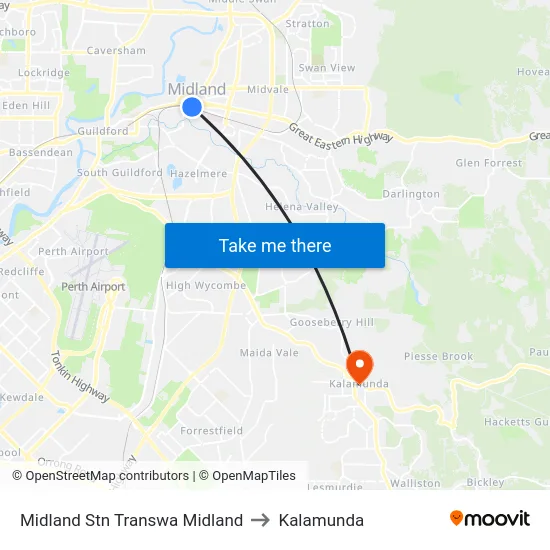 Midland Stn Transwa Midland to Kalamunda map