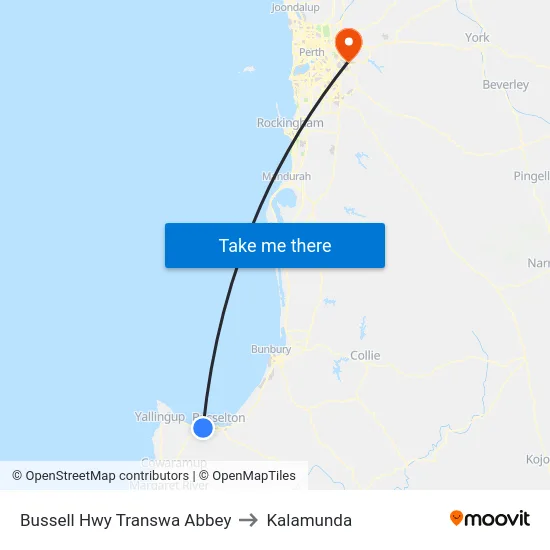 Bussell Hwy Transwa Abbey to Kalamunda map