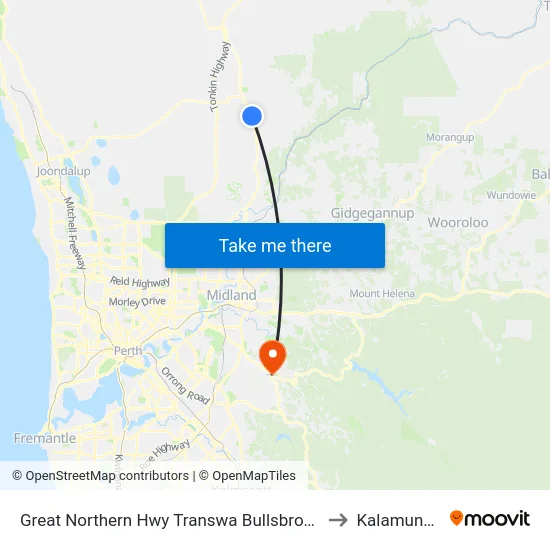 Great Northern Hwy Transwa Bullsbrook to Kalamunda map