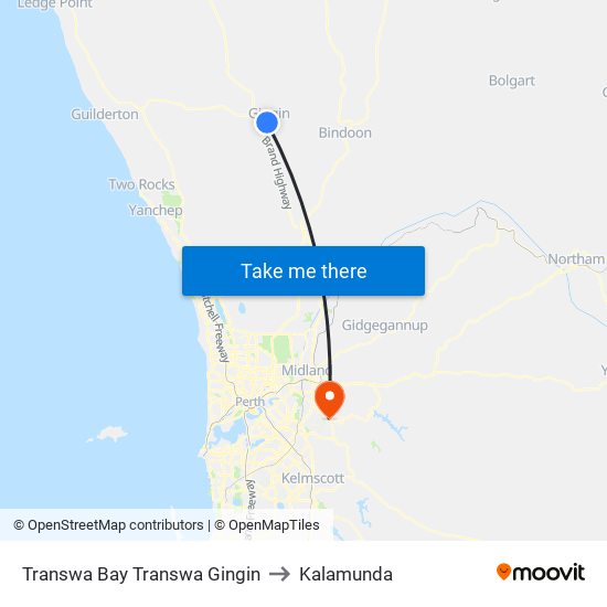 Transwa Bay Transwa Gingin to Kalamunda map