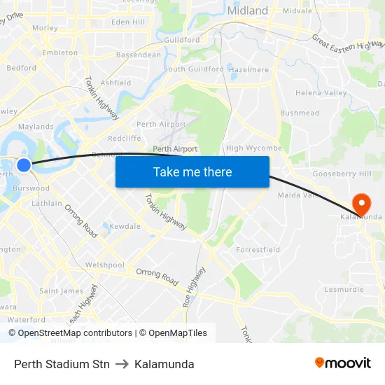 Perth Stadium Stn to Kalamunda map