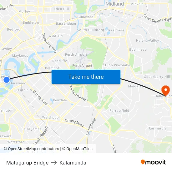 Matagarup Bridge to Kalamunda map
