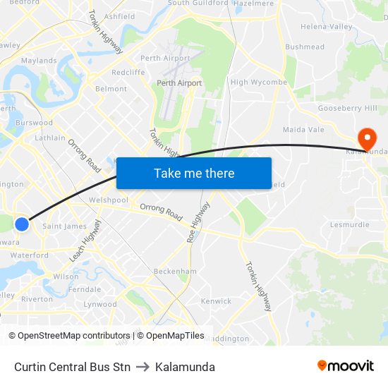 Curtin Central Bus Stn to Kalamunda map