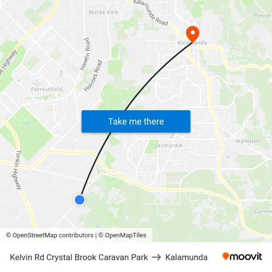 Kelvin Rd Crystal Brook Caravan Park to Kalamunda map